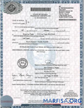 Downloadable USA County of clark marriage certificate example
